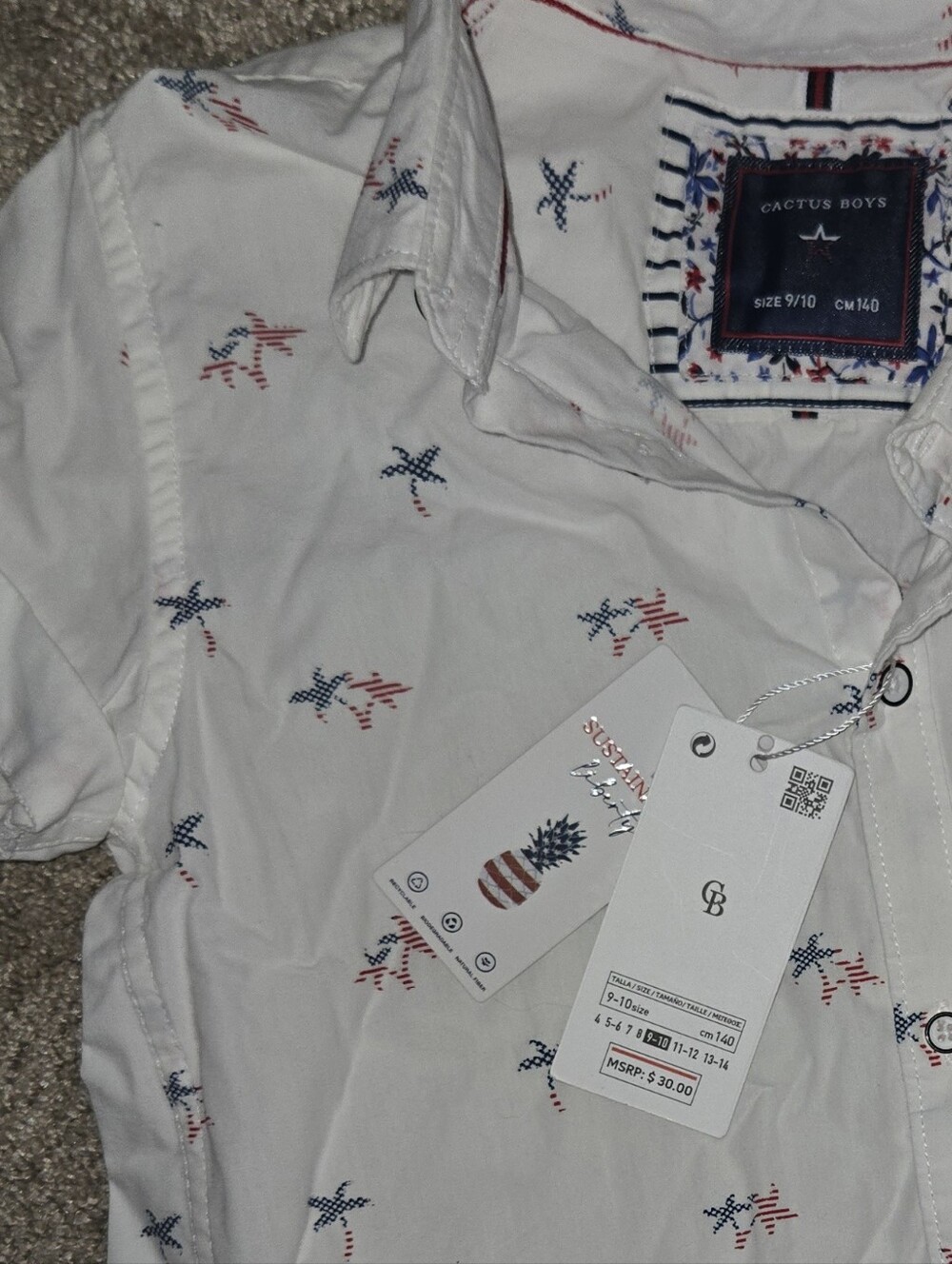 Cactus White Short-Sleeve Button-Down Shirt with Red & Blue Star Print - Picture 6 of 7